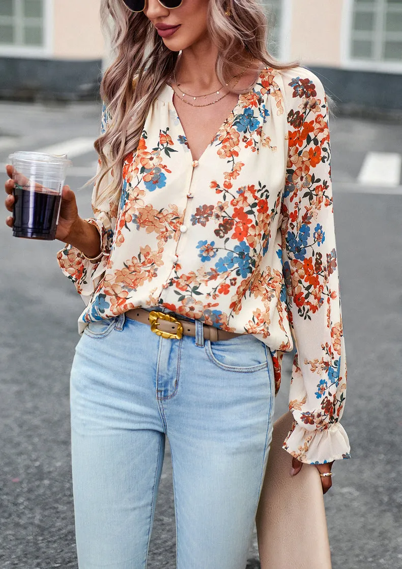 Caroline  Lssige Damenbluse mit Blumenmuster und V-Ausschnitt
