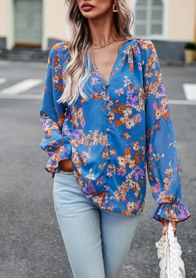 Caroline  Lssige Damenbluse mit Blumenmuster und V-Ausschnitt