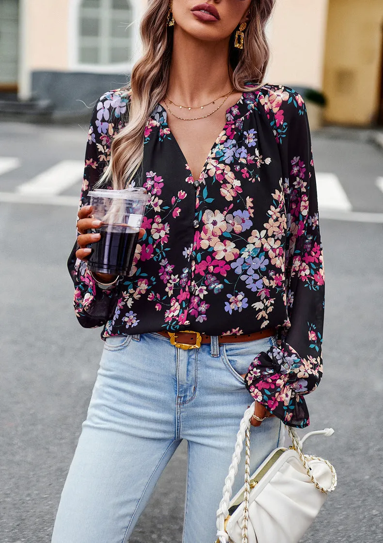 Caroline  Lssige Damenbluse mit Blumenmuster und V-Ausschnitt