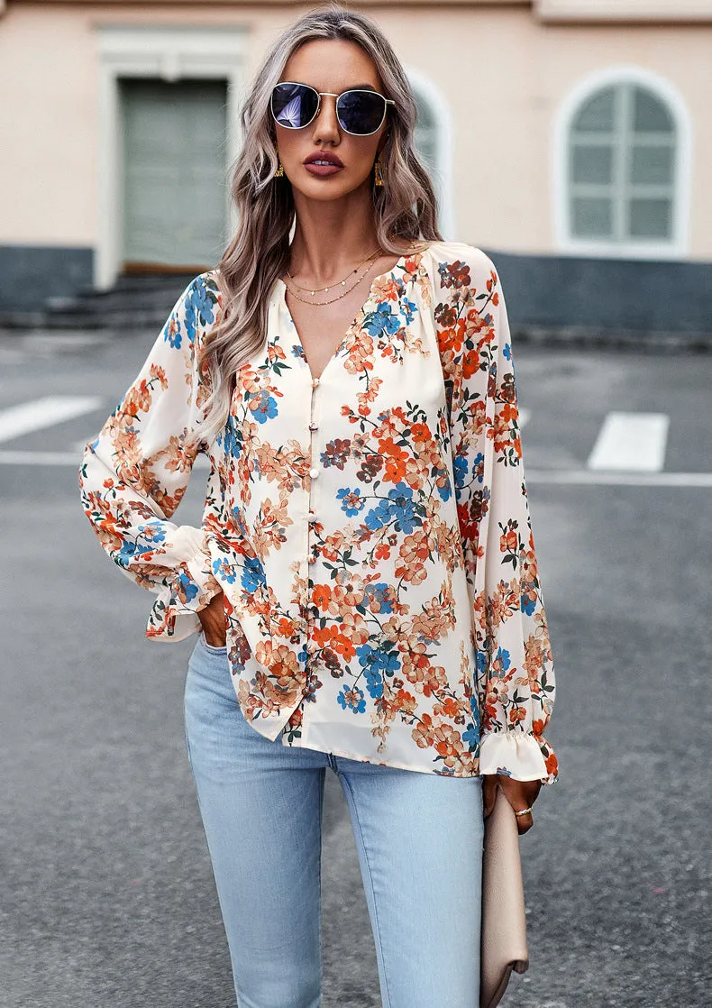 Caroline  Lssige Damenbluse mit Blumenmuster und V-Ausschnitt