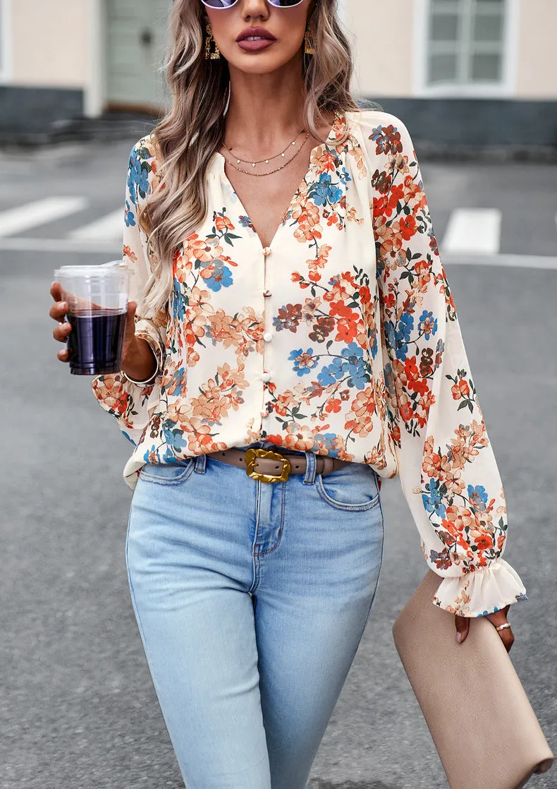 Caroline  Lssige Damenbluse mit Blumenmuster und V-Ausschnitt
