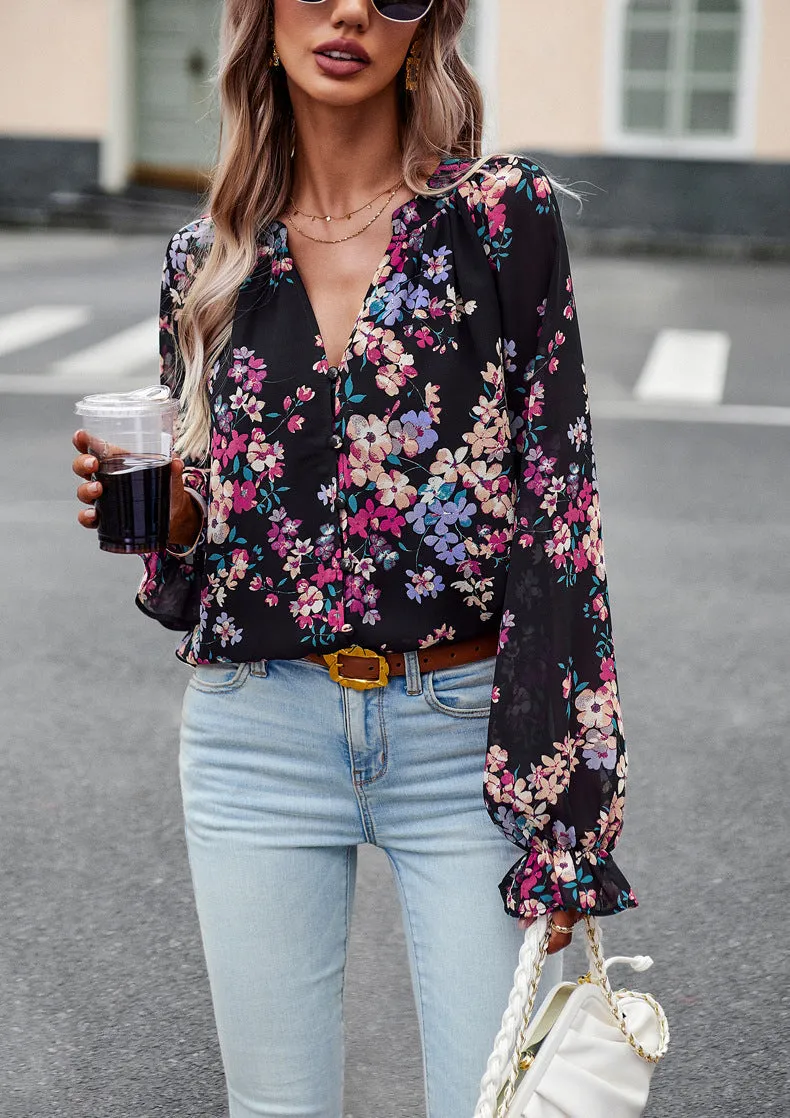 Caroline  Lssige Damenbluse mit Blumenmuster und V-Ausschnitt
