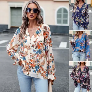 Caroline  Lssige Damenbluse mit Blumenmuster und V-Ausschnitt