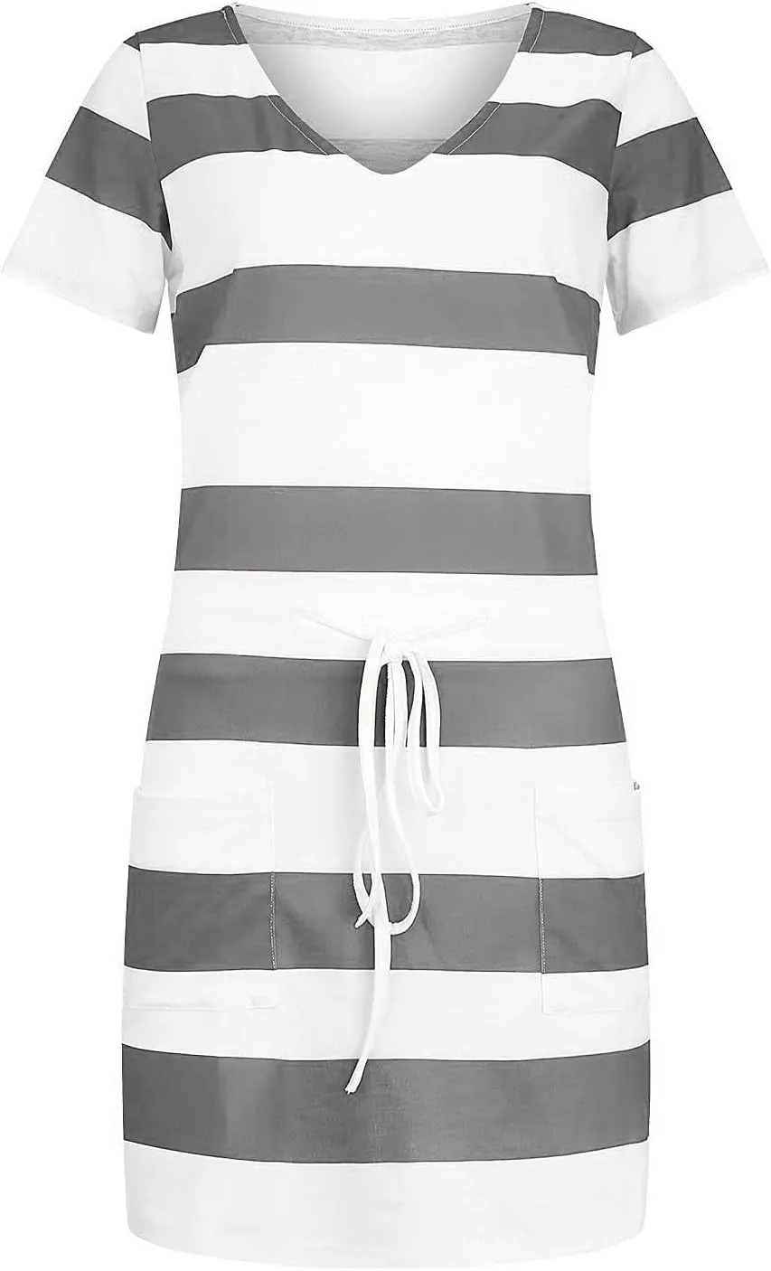 Casual Dresses for Women Short Sleeve Tie Waist Striped Mini Tshirt Dress Cute Summer Beach Sun Dresses with Pockets