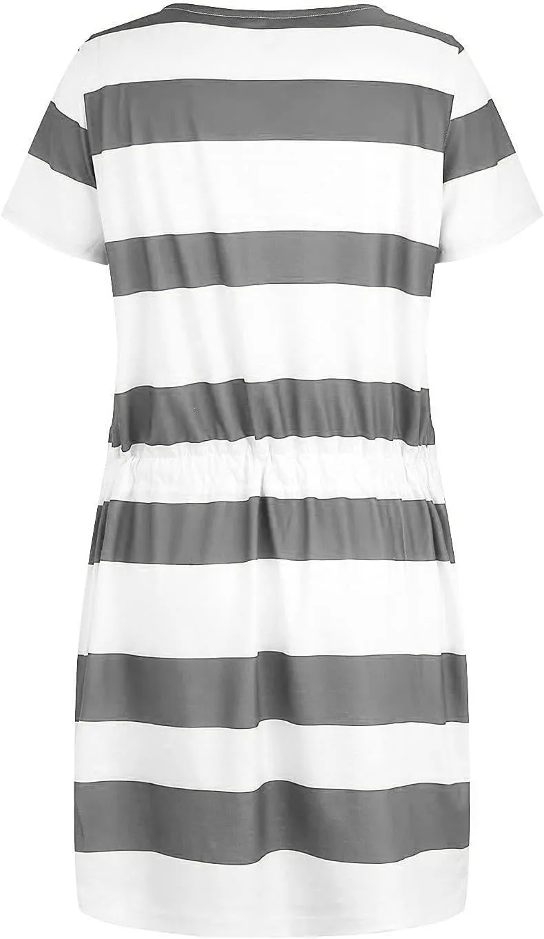 Casual Dresses for Women Short Sleeve Tie Waist Striped Mini Tshirt Dress Cute Summer Beach Sun Dresses with Pockets