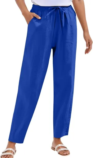 Casual Linen Pants for Women 2025 Summer Straight Leg Pant Drawstring High Waist Loose Comfy Cotton Beach Trousers