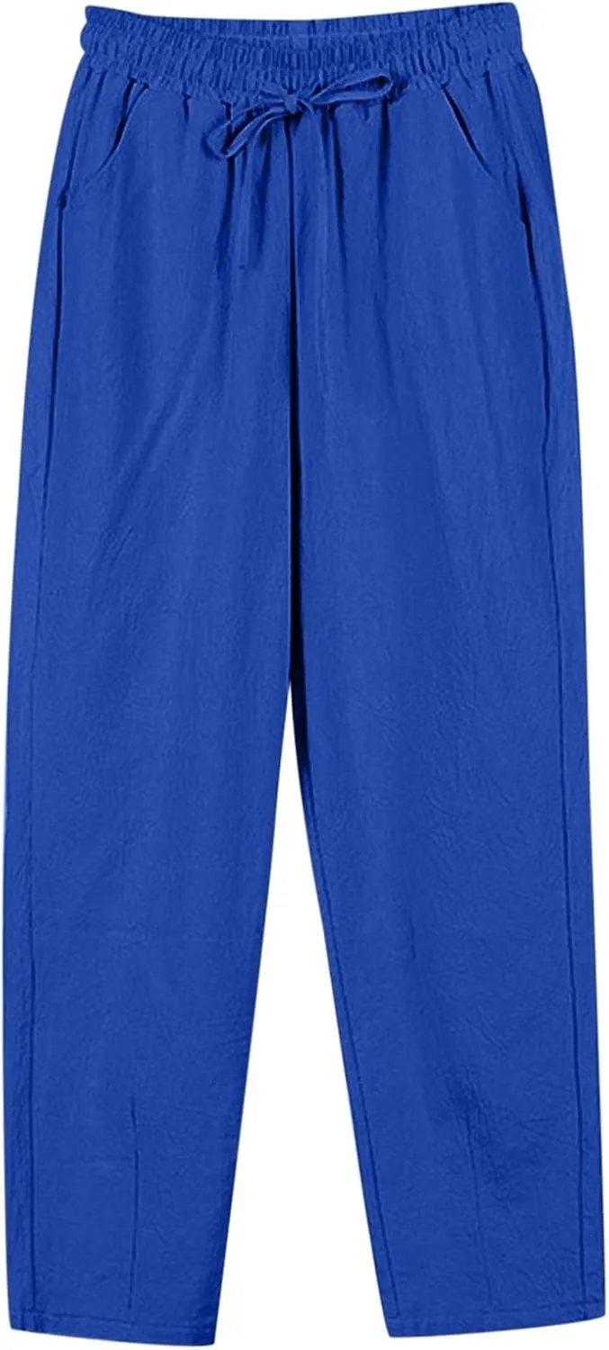 Casual Linen Pants for Women 2025 Summer Straight Leg Pant Drawstring High Waist Loose Comfy Cotton Beach Trousers