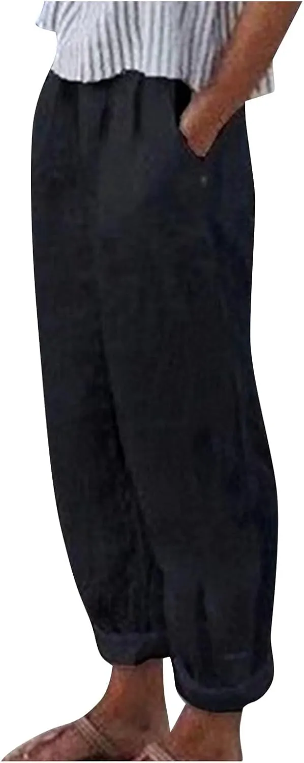Casual Pants for Women Stripe Print Side Button Trendy Ankle Trousers Baggy Straight Leg Beach Cropped with Pocket