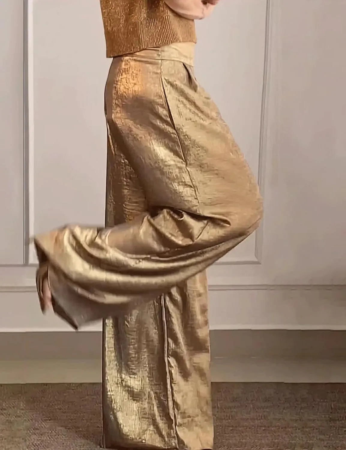 CHARTOU Women's Wide Leg Pants High Waist Straight Long Pant Metallic Patchwork Lounge Trousers with Pockets
