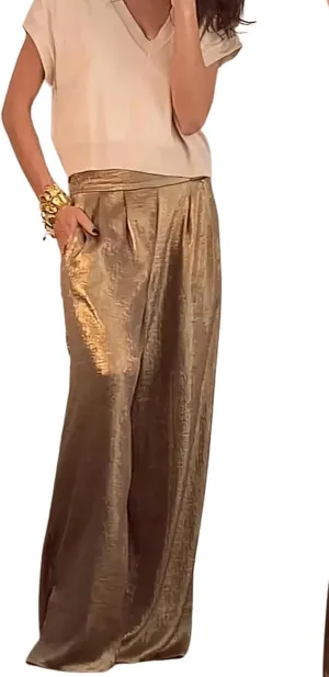 CHARTOU Women's Wide Leg Pants High Waist Straight Long Pant Metallic Patchwork Lounge Trousers with Pockets