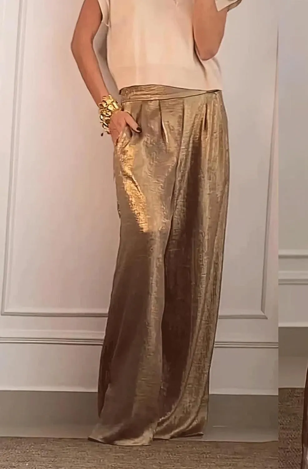 CHARTOU Women's Wide Leg Pants High Waist Straight Long Pant Metallic Patchwork Lounge Trousers with Pockets