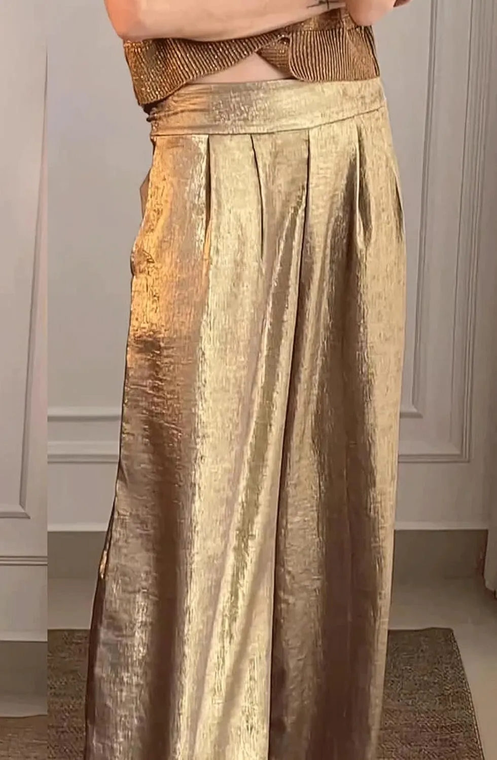 CHARTOU Women's Wide Leg Pants High Waist Straight Long Pant Metallic Patchwork Lounge Trousers with Pockets