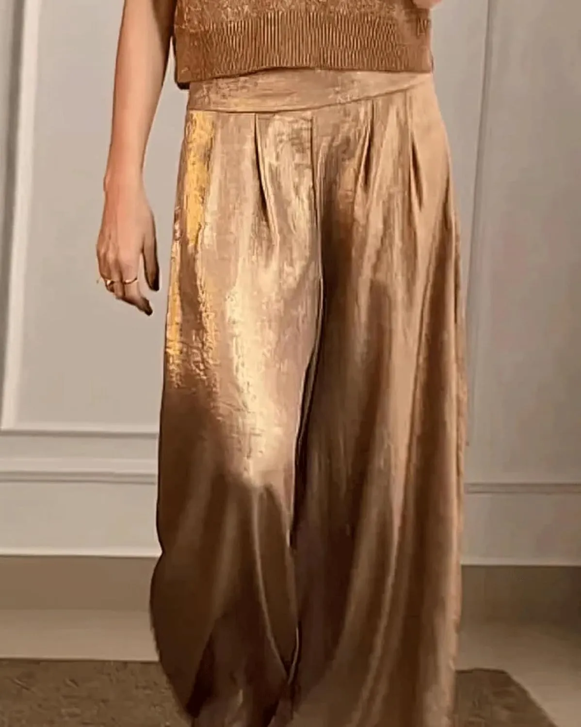 CHARTOU Women's Wide Leg Pants High Waist Straight Long Pant Metallic Patchwork Lounge Trousers with Pockets