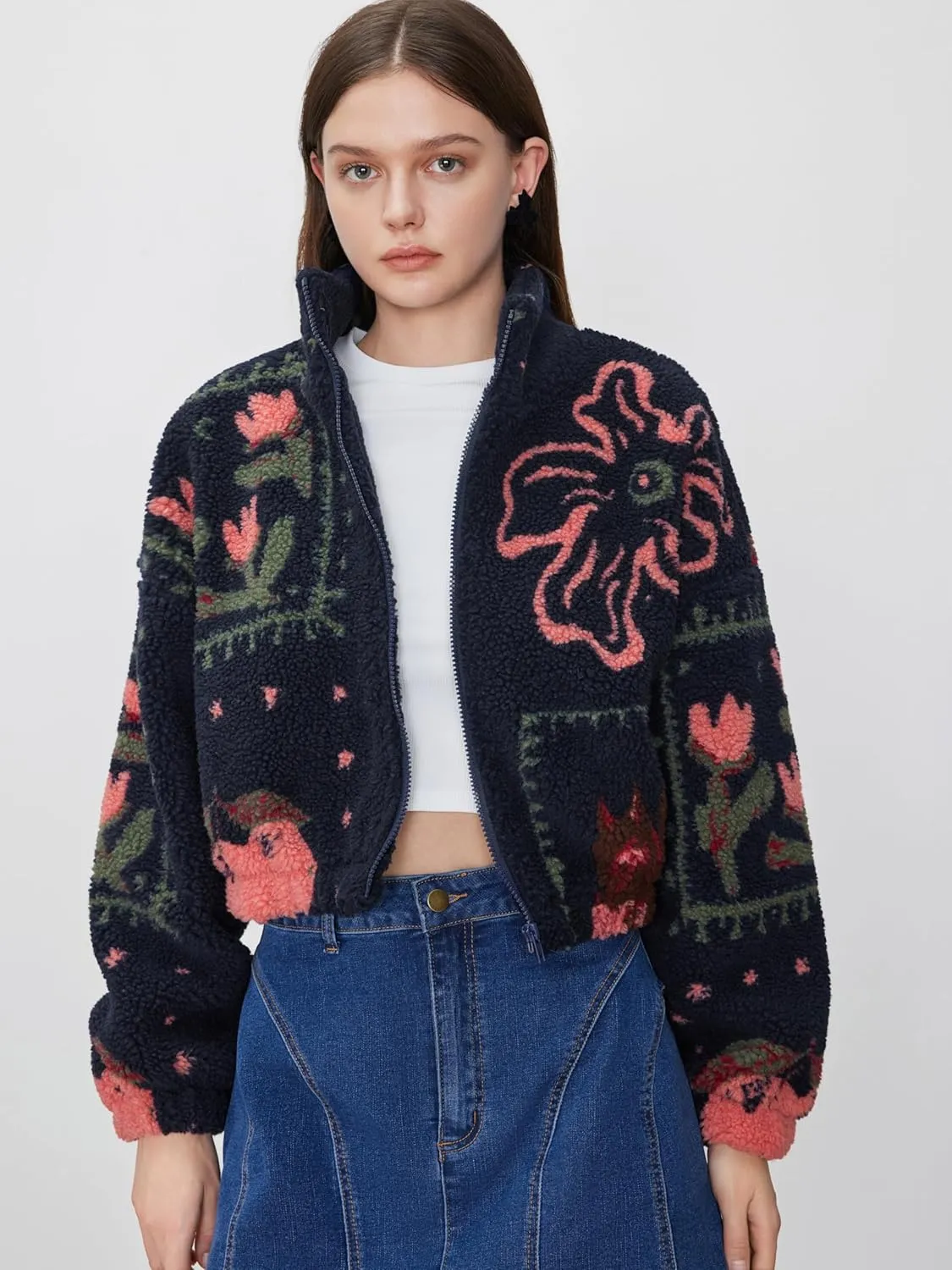 CIDER Sherpa Jacket Women Fleece Jacket Turtle Neck Floral Cropped Graphic Zipper Jacket for Winter