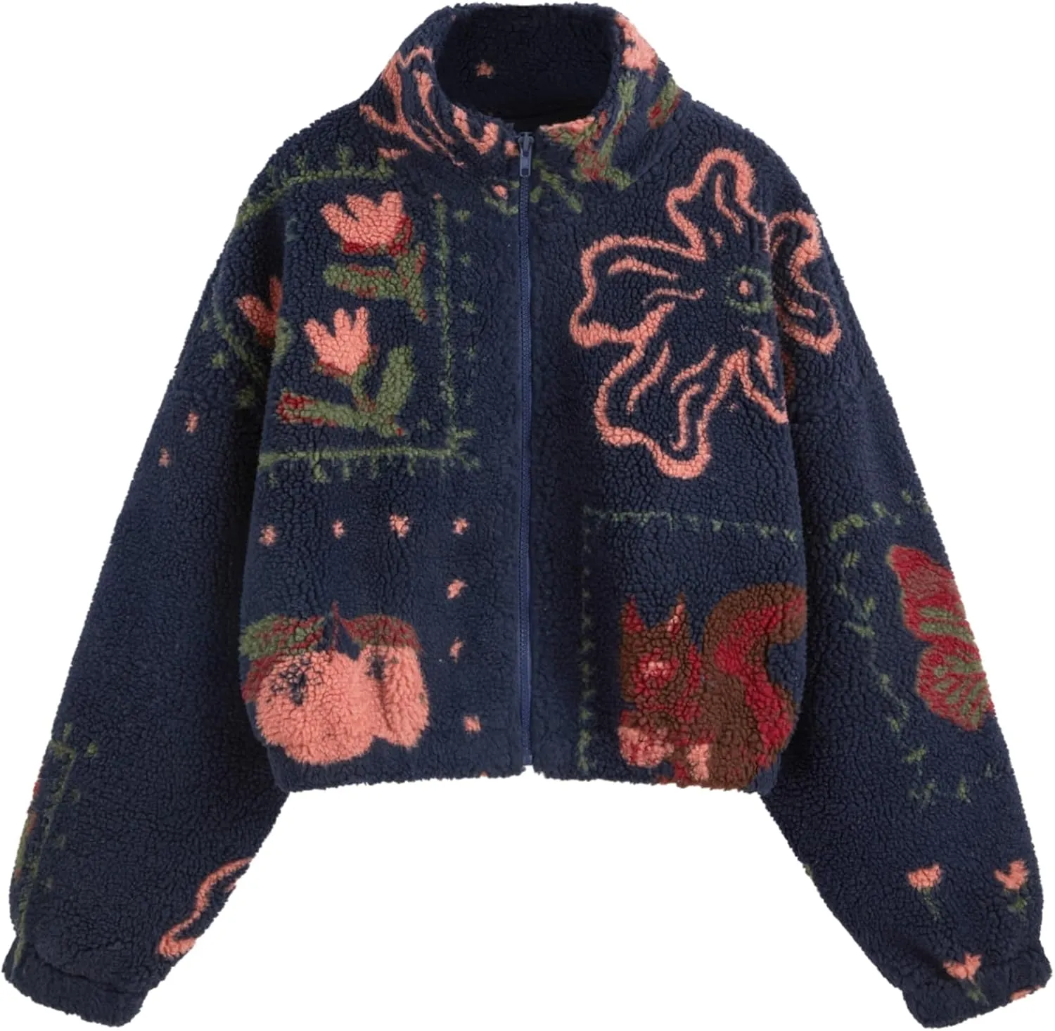 CIDER Sherpa Jacket Women Fleece Jacket Turtle Neck Floral Cropped Graphic Zipper Jacket for Winter