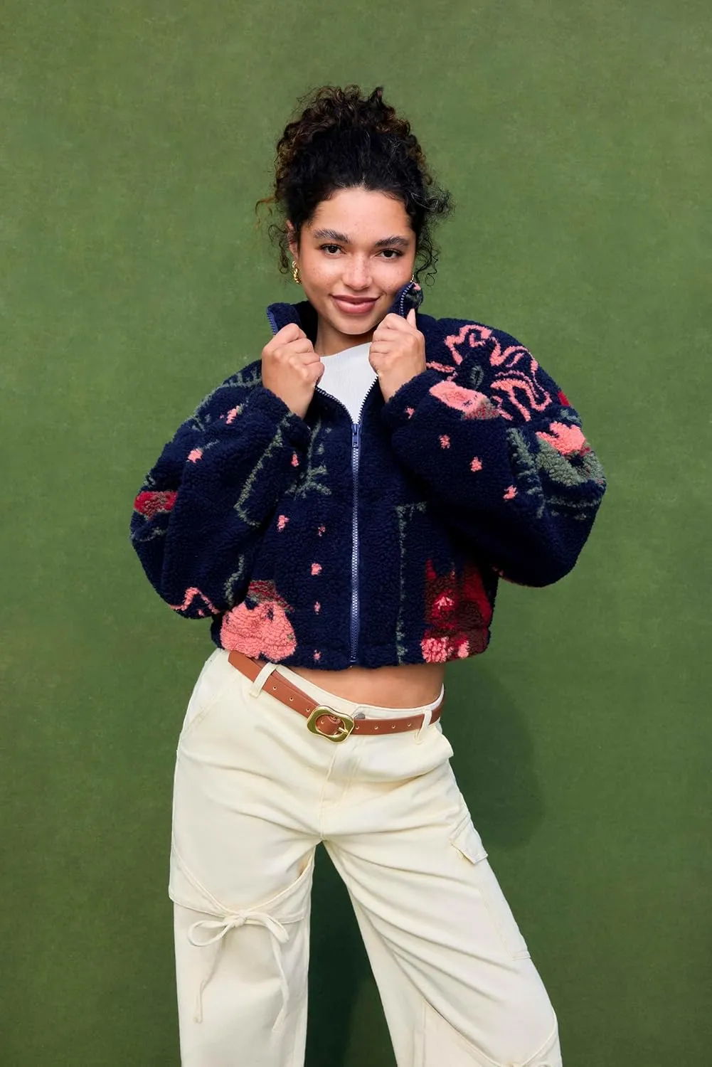 CIDER Sherpa Jacket Women Fleece Jacket Turtle Neck Floral Cropped Graphic Zipper Jacket for Winter