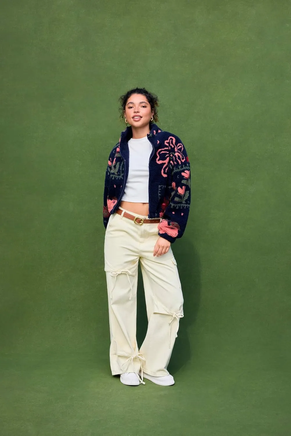 CIDER Sherpa Jacket Women Fleece Jacket Turtle Neck Floral Cropped Graphic Zipper Jacket for Winter