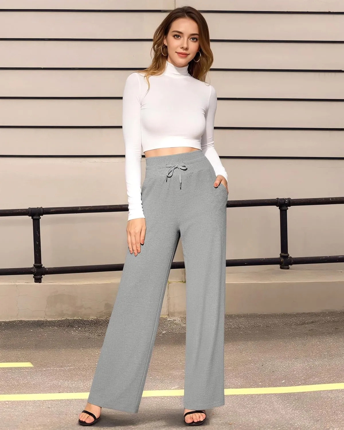 CLOZOZ Wide Leg Casual Pants for Women Trouser Pants Elastic Palazzo Pants with Adjustable Drawstring