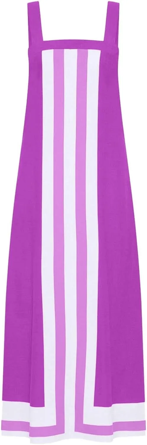 Color Blocked Dresses for Women Straps Shoulder Striped Summer Maxi Dress Sleeveless Beach Overall Dress Coverups