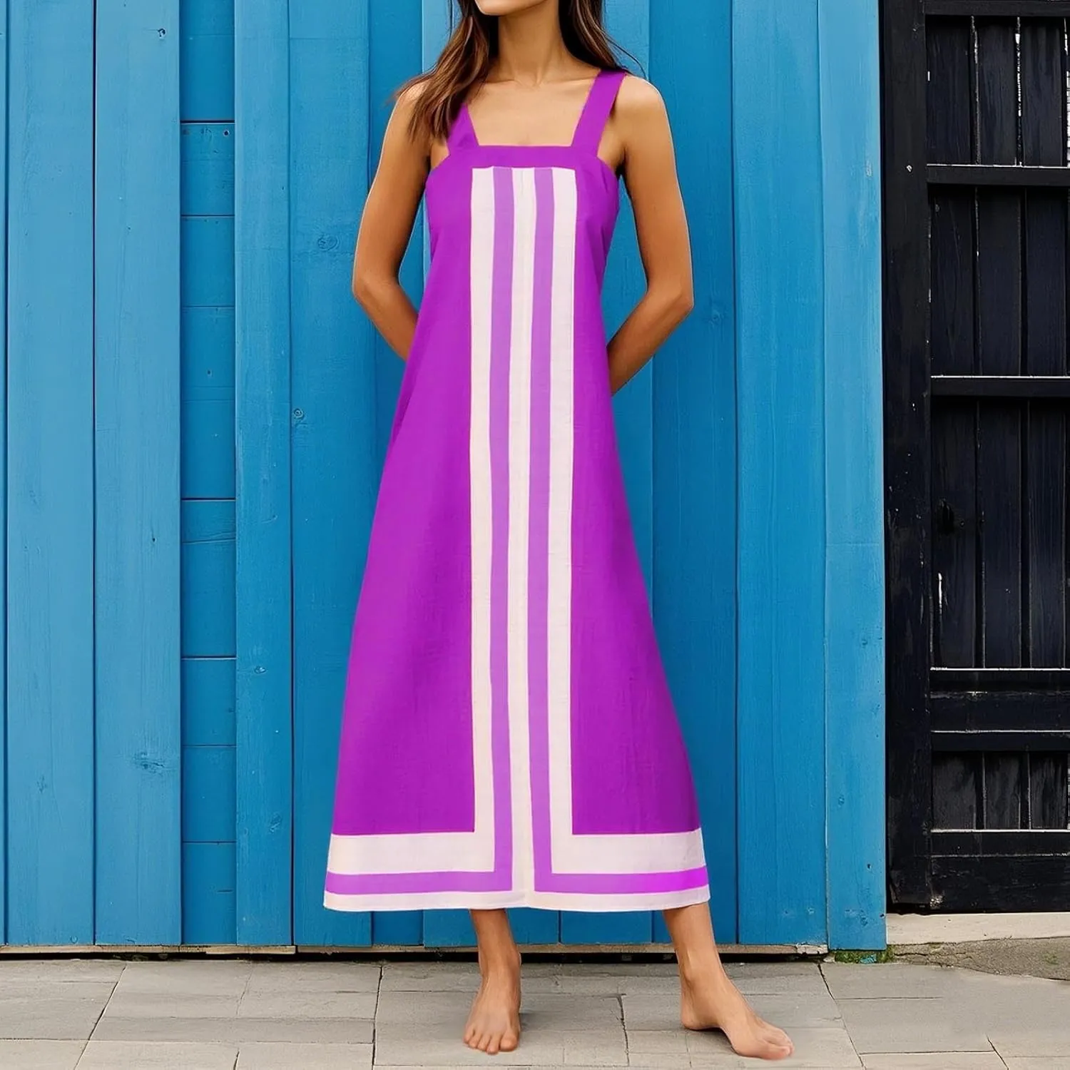 Color Blocked Dresses for Women Straps Shoulder Striped Summer Maxi Dress Sleeveless Beach Overall Dress Coverups