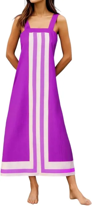 Color Blocked Dresses for Women Straps Shoulder Striped Summer Maxi Dress Sleeveless Beach Overall Dress Coverups