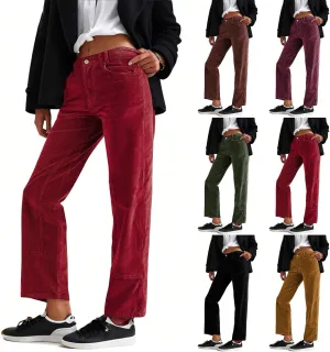 Corduroy Pants Women Bootcut Elastic Waist Straight Leg Pants Casual Loose Vintage Pants Comfy Trousers with Pockets