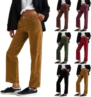 Corduroy Pants Women Bootcut Elastic Waist Straight Leg Pants Casual Loose Vintage Pants Comfy Trousers with Pockets