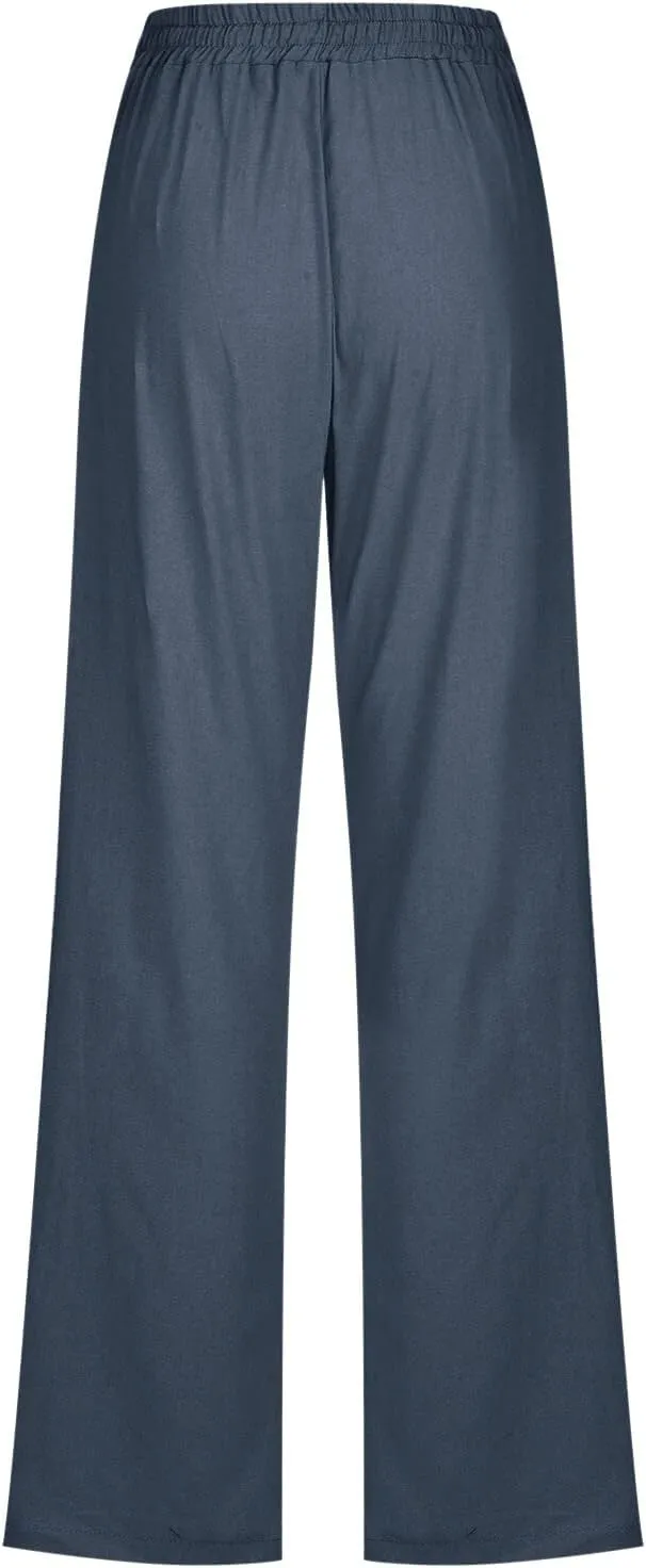 Cotton Linen Pants Women Straight Leg Casual Loose Fit Elastic High Waist Boho Sweatpant Drawstring Palazzo Trouser