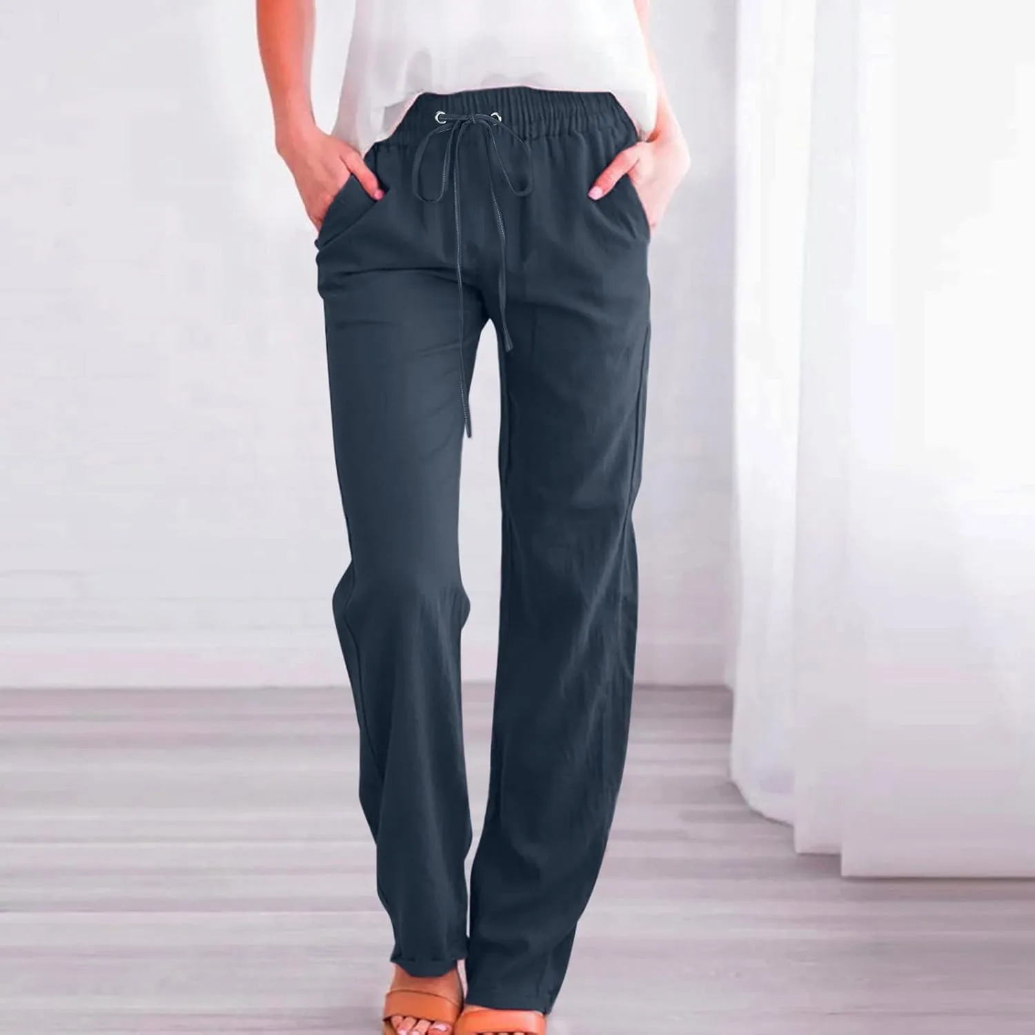 Cotton Linen Pants Women Straight Leg Casual Loose Fit Elastic High Waist Boho Sweatpant Drawstring Palazzo Trouser