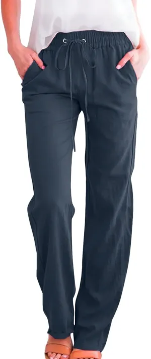 Cotton Linen Pants Women Straight Leg Casual Loose Fit Elastic High Waist Boho Sweatpant Drawstring Palazzo Trouser
