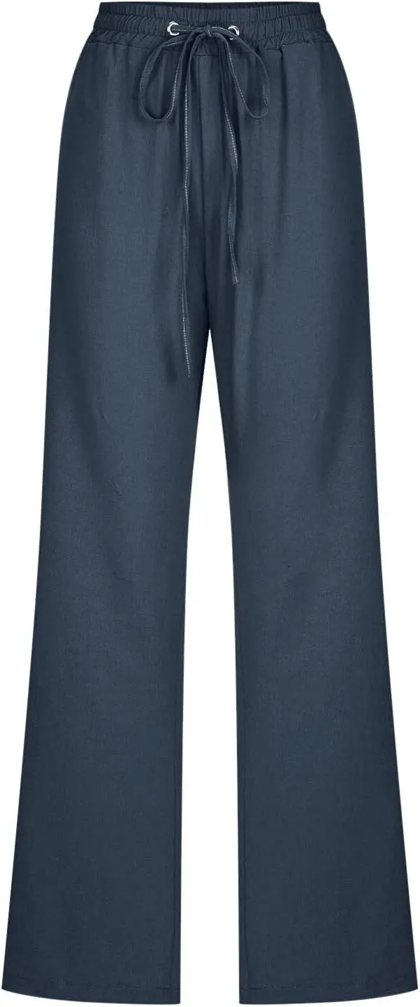 Cotton Linen Pants Women Straight Leg Casual Loose Fit Elastic High Waist Boho Sweatpant Drawstring Palazzo Trouser