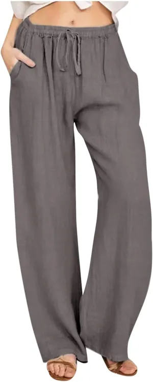 Cotton Linen Summer Pants Women Casual High Waist Drawstring Loose Fit Lightweight Long Palazzo Gauze Trousers
