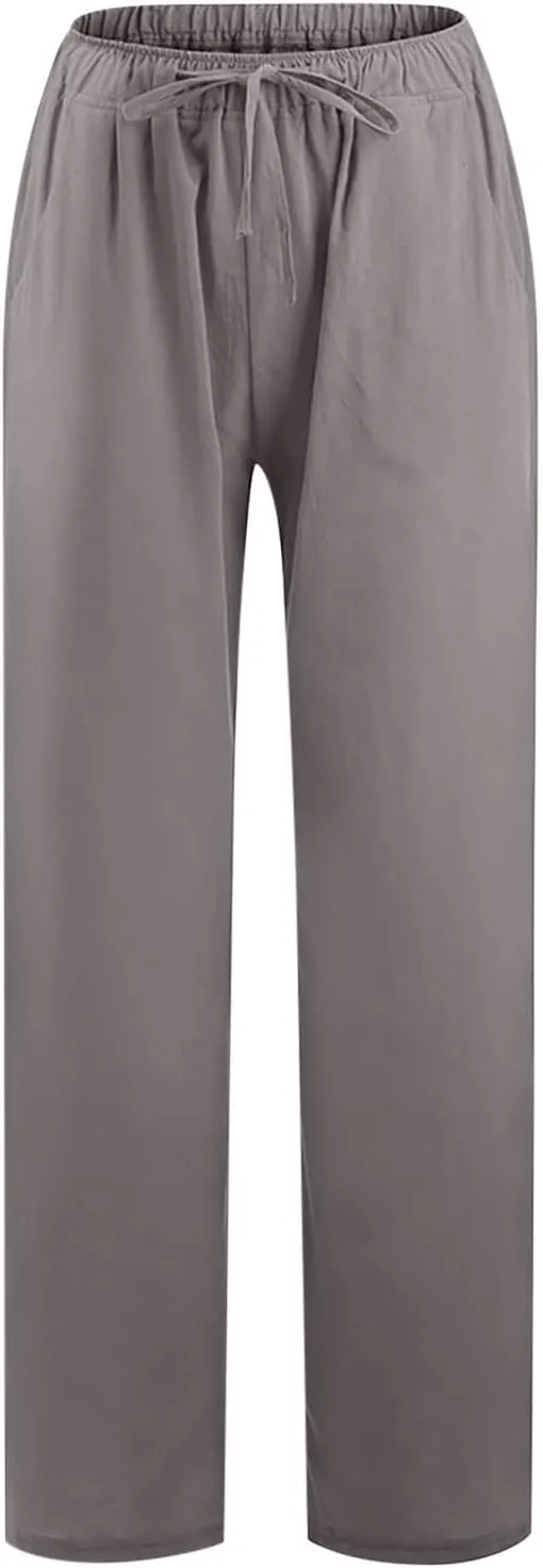 Cotton Linen Summer Pants Women Casual High Waist Drawstring Loose Fit Lightweight Long Palazzo Gauze Trousers