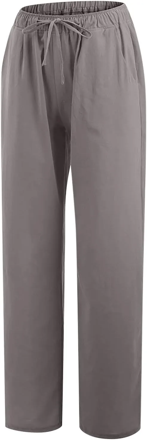Cotton Linen Summer Pants Women Casual High Waist Drawstring Loose Fit Lightweight Long Palazzo Gauze Trousers