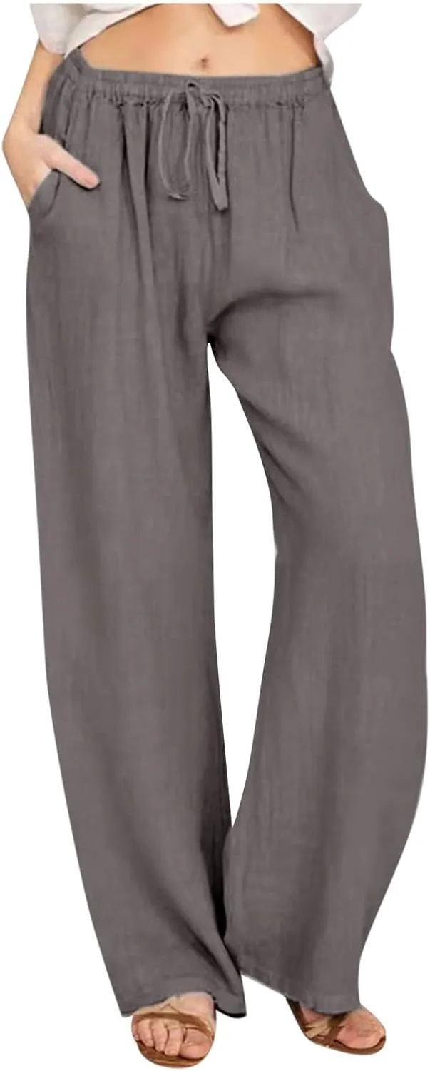Cotton Linen Summer Pants Women Casual High Waist Drawstring Loose Fit Lightweight Long Palazzo Gauze Trousers