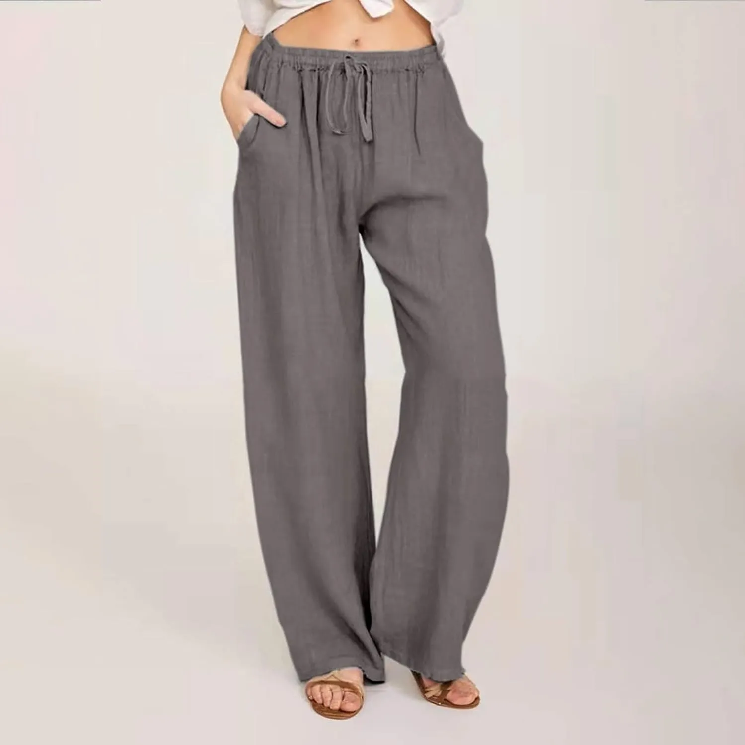 Cotton Linen Summer Pants Women Casual High Waist Drawstring Loose Fit Lightweight Long Palazzo Gauze Trousers