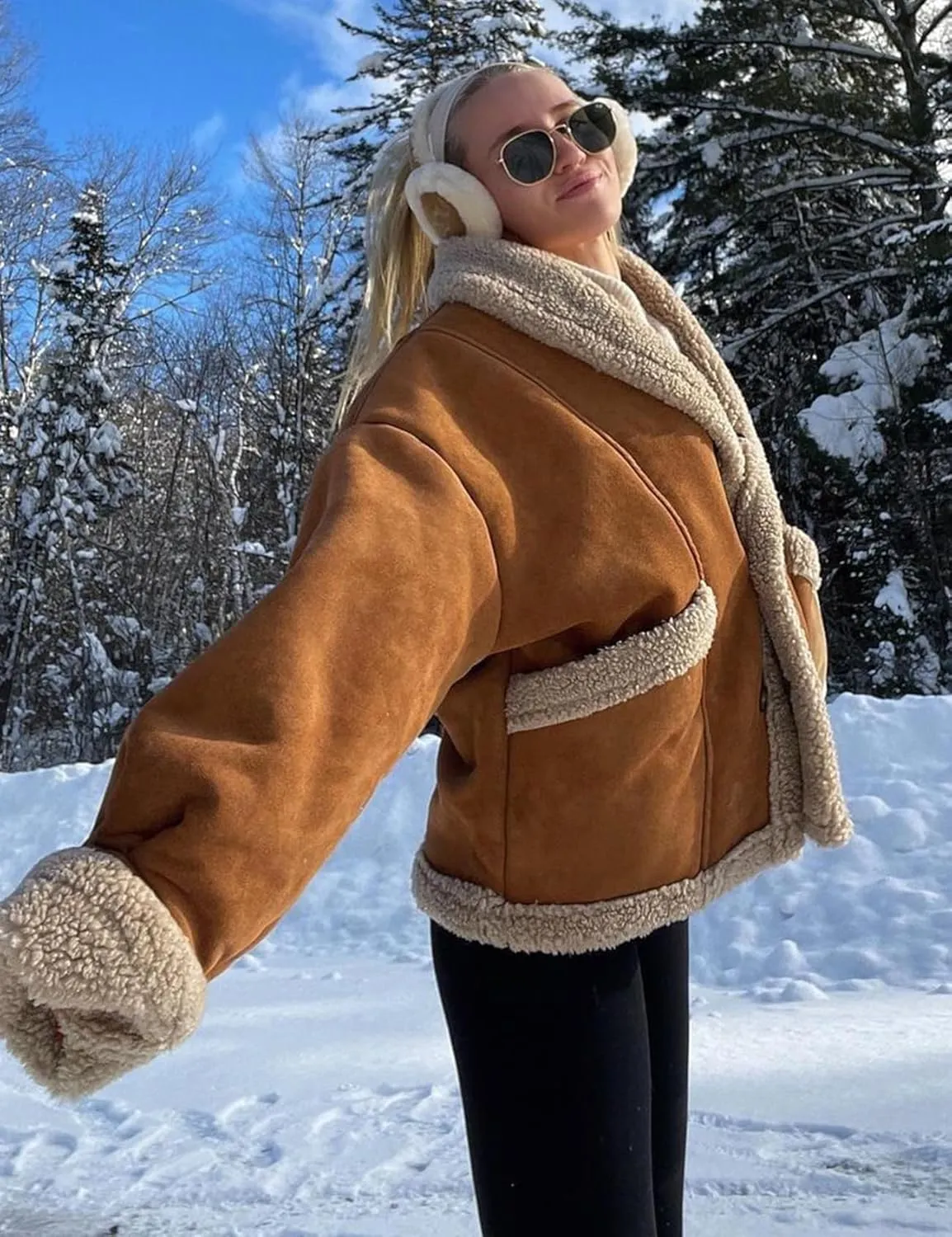 COZYPOIN Women's Suede Jacket Faux Shearing Jacket Thick Lined Parka Winter Coat Leather Jacket