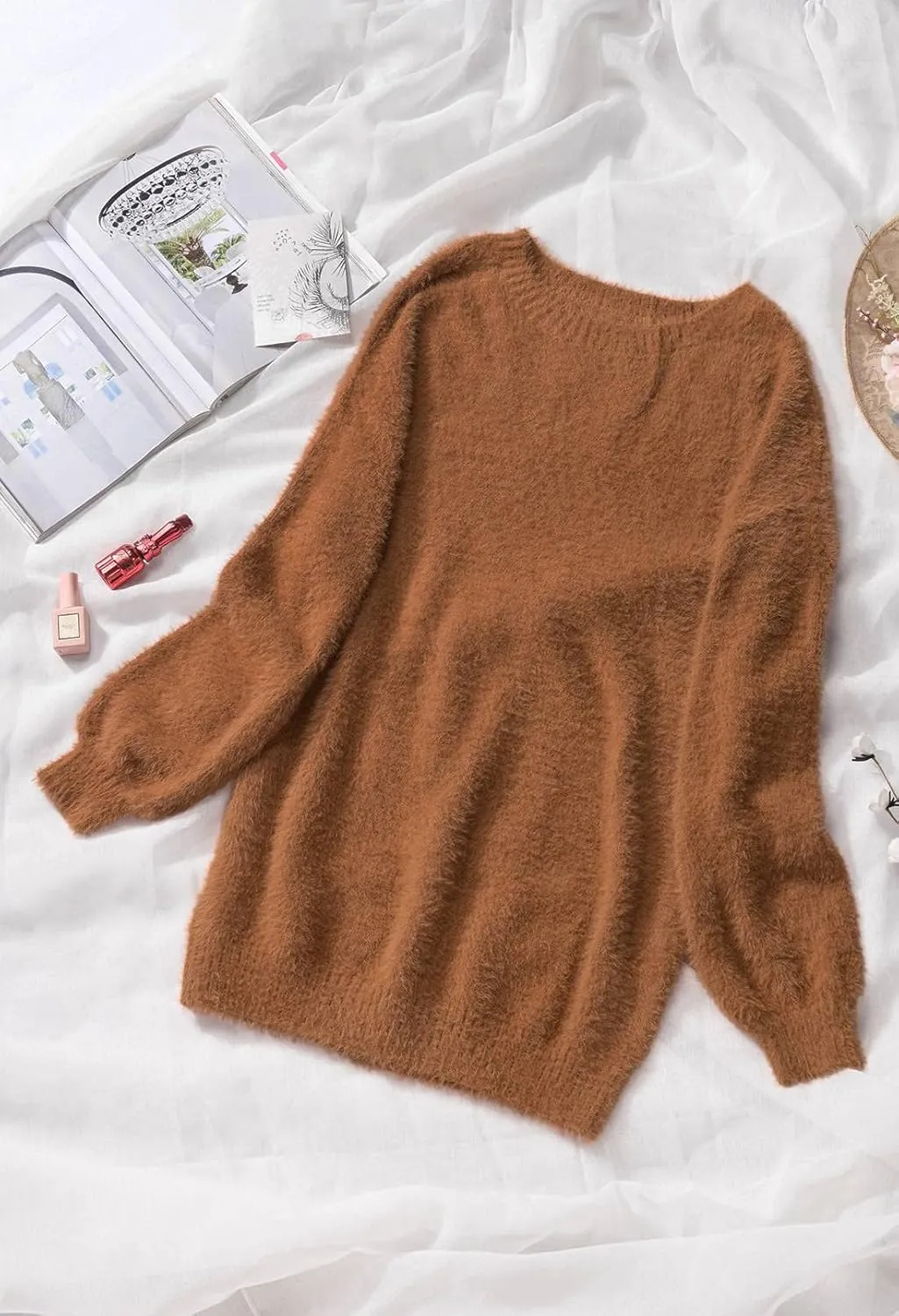 Cutiefox Women's Furry Oversized Crew Neck Pullover Sweater Mini Dress