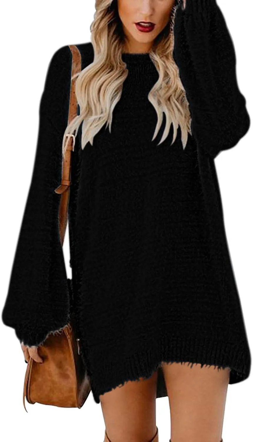 Cutiefox Women's Furry Oversized Crew Neck Pullover Sweater Mini Dress