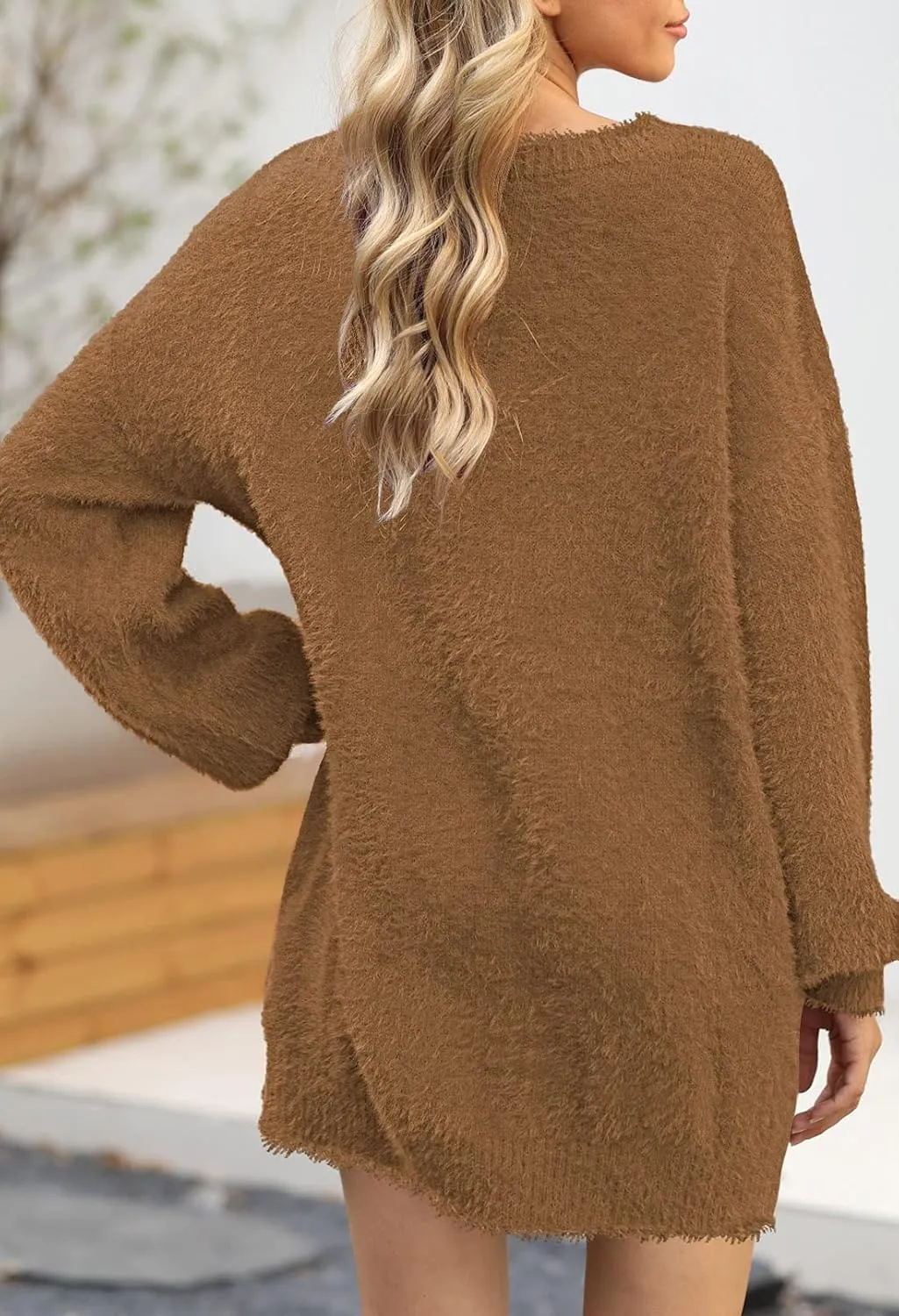 Cutiefox Women's Furry Oversized Crew Neck Pullover Sweater Mini Dress
