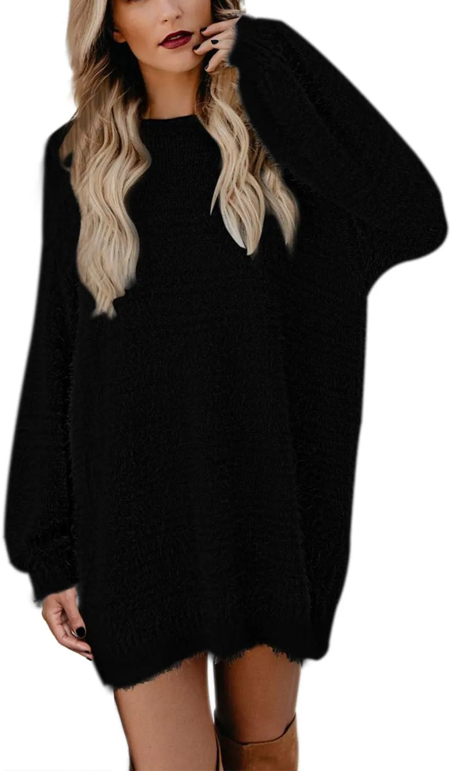 Cutiefox Women's Furry Oversized Crew Neck Pullover Sweater Mini Dress