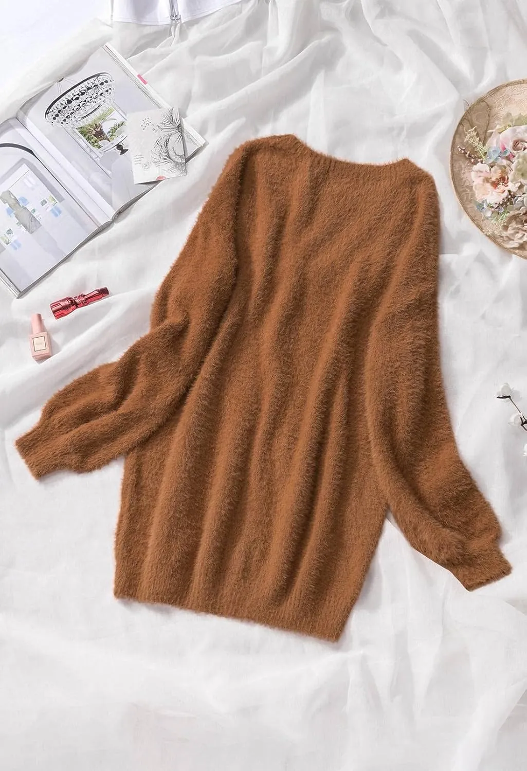Cutiefox Women's Furry Oversized Crew Neck Pullover Sweater Mini Dress