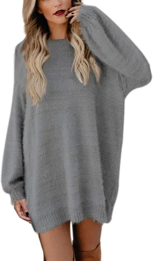 Cutiefox Women's Furry Oversized Crew Neck Pullover Sweater Mini Dress