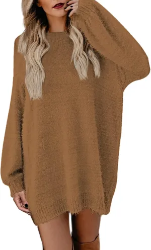 Cutiefox Women's Furry Oversized Crew Neck Pullover Sweater Mini Dress