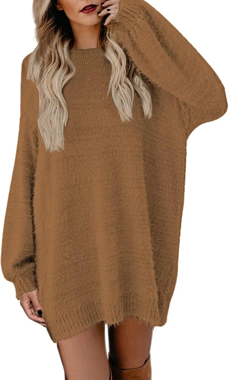 Cutiefox Women's Furry Oversized Crew Neck Pullover Sweater Mini Dress
