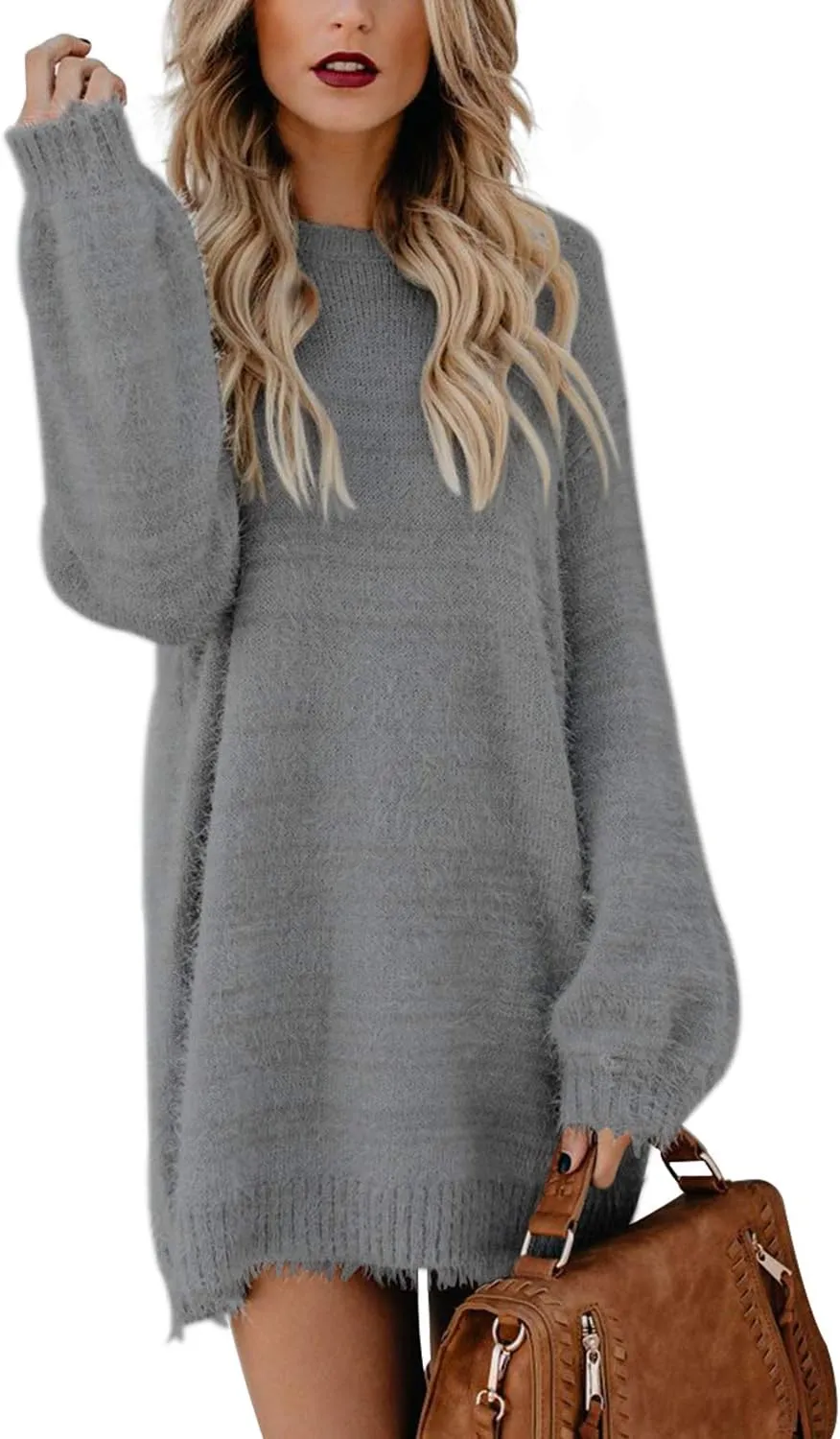 Cutiefox Women's Furry Oversized Crew Neck Pullover Sweater Mini Dress
