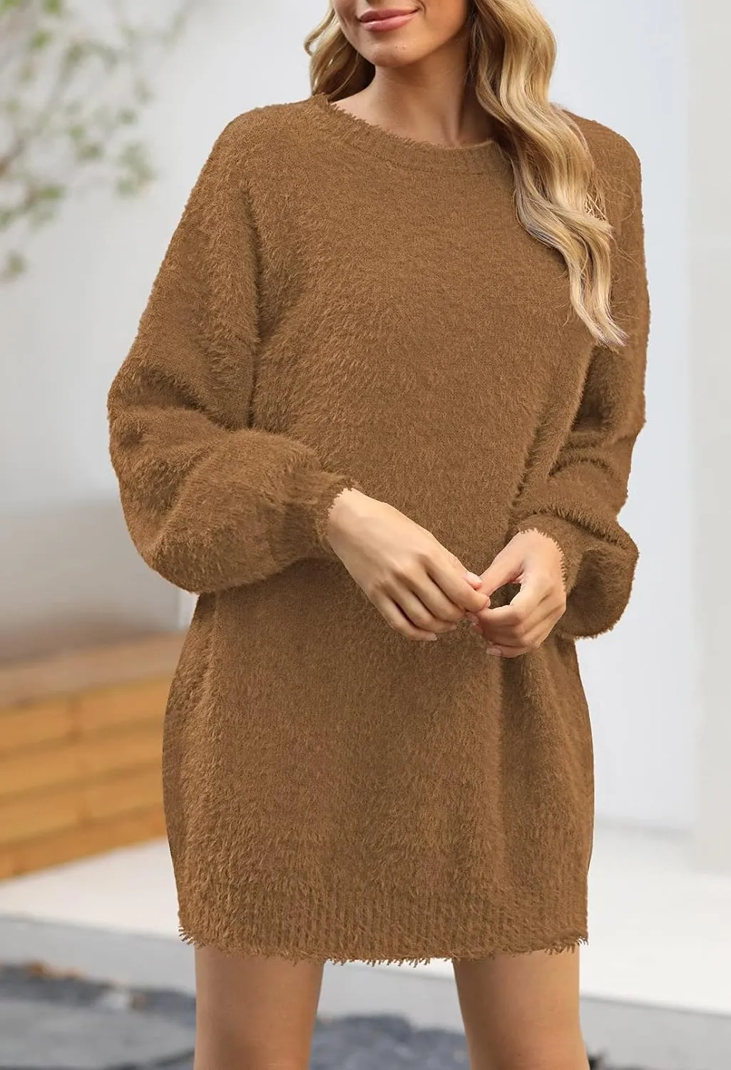 Cutiefox Women's Furry Oversized Crew Neck Pullover Sweater Mini Dress