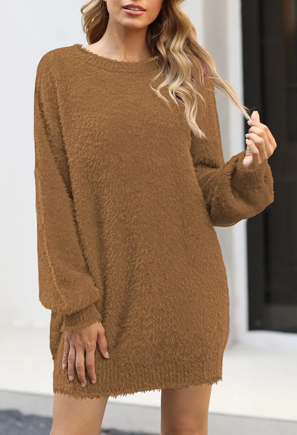 Cutiefox Women's Furry Oversized Crew Neck Pullover Sweater Mini Dress