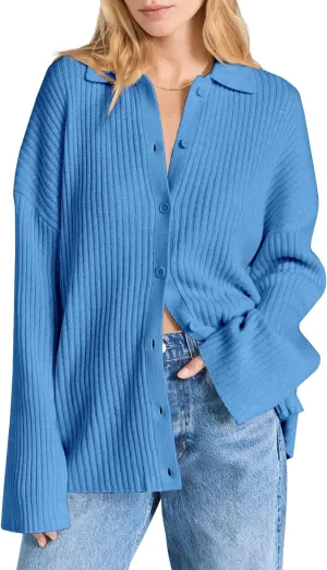 Danedvi Womens Collared Cardigan Sweaters Oversized Ribbed Knit Open Front Button Up Bell Sleeve Outwear