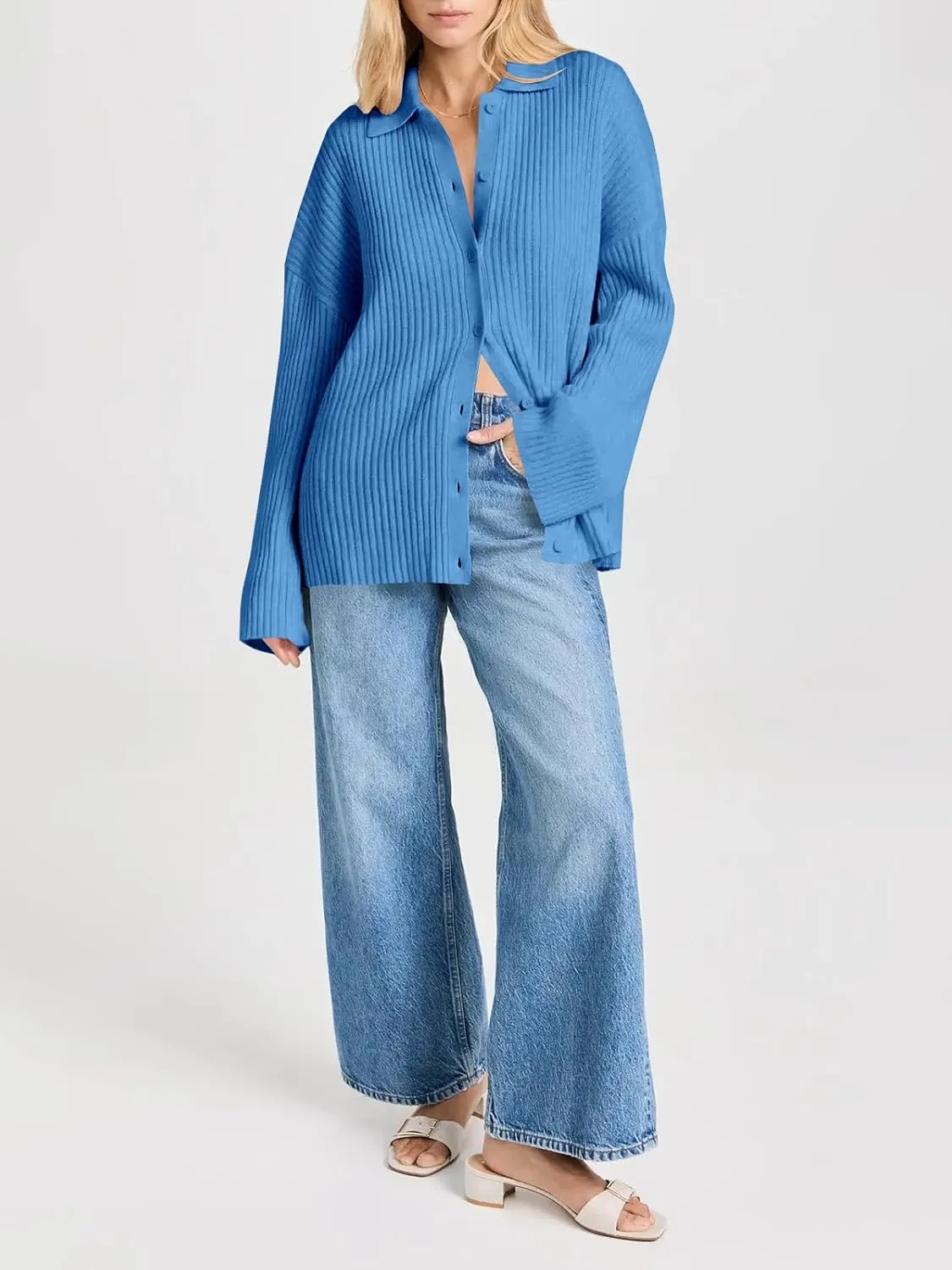 Danedvi Womens Collared Cardigan Sweaters Oversized Ribbed Knit Open Front Button Up Bell Sleeve Outwear